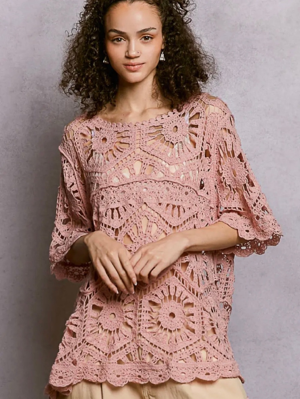 30. Pol, Dusty Mauve crochet tunic top, O/S